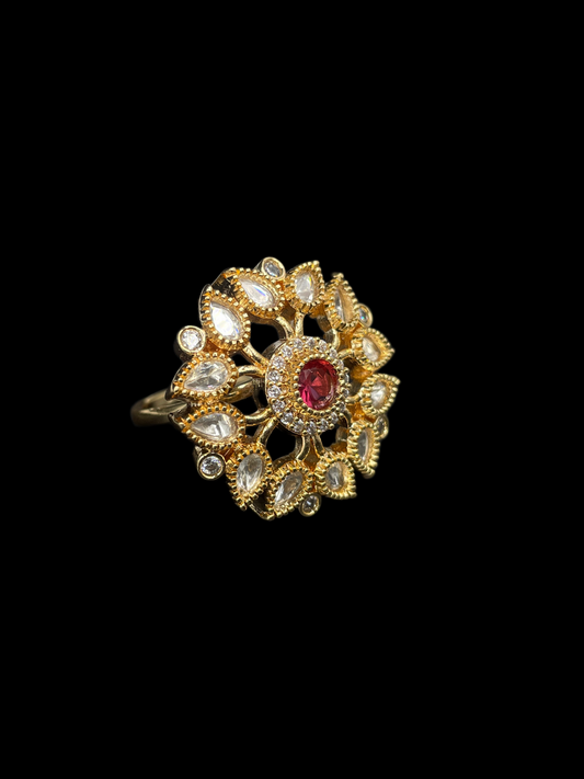 Kundan Polki Sunburst Statement Ring - Ruby Red | K Gold