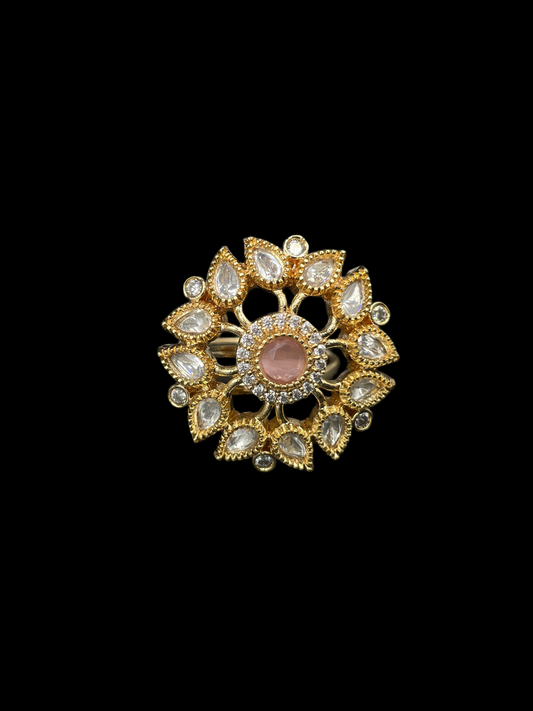 Kundan Polki Sunburst Statement Ring - Baby Pink | K Gold