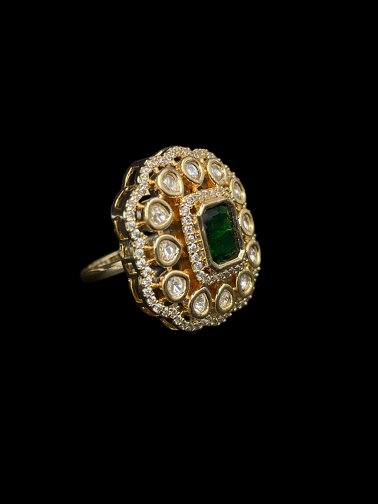 Kundan Polki Double Halo Cushion Statement Ring - Emerald Green | K Gold