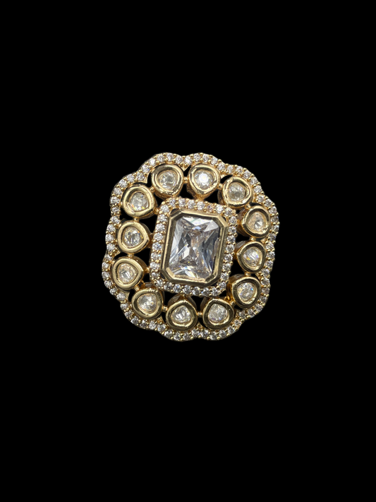 Kundan Polki Double Halo Cushion Statement Ring - White | K Gold