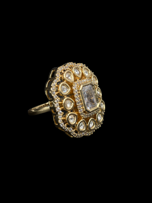 Kundan Polki Double Halo Cushion Statement Ring - White | K Gold