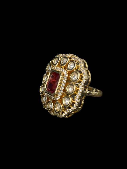 Kundan Polki Double Halo Cushion Statement Ring - Ruby Red | K Gold