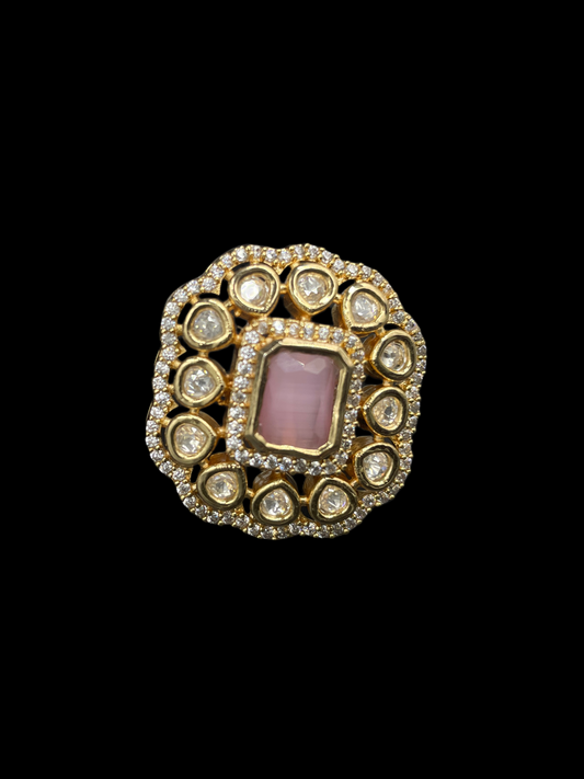 Kundan Polki Double Halo Cushion Statement Ring - Baby Pink | K Gold