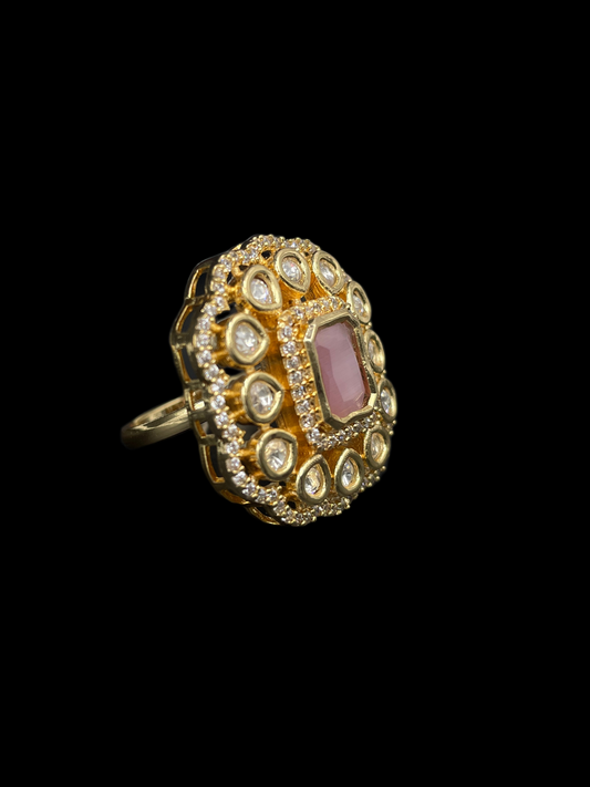 Kundan Polki Double Halo Cushion Statement Ring - Baby Pink | K Gold