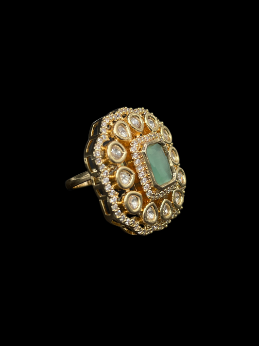 Kundan Polki Double Halo Cushion Statement Ring - Mint Green | K Gold