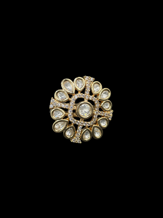 Kundan Polki Teardrop Bloom Cocktail Ring - White | K Gold