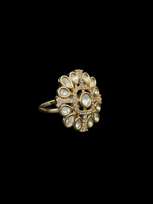 Kundan Polki Teardrop Bloom Cocktail Ring - White | K Gold