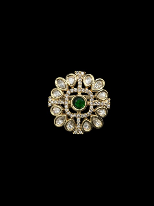 Kundan Polki Teardrop Bloom Cocktail Ring - Emerald Green | K Gold