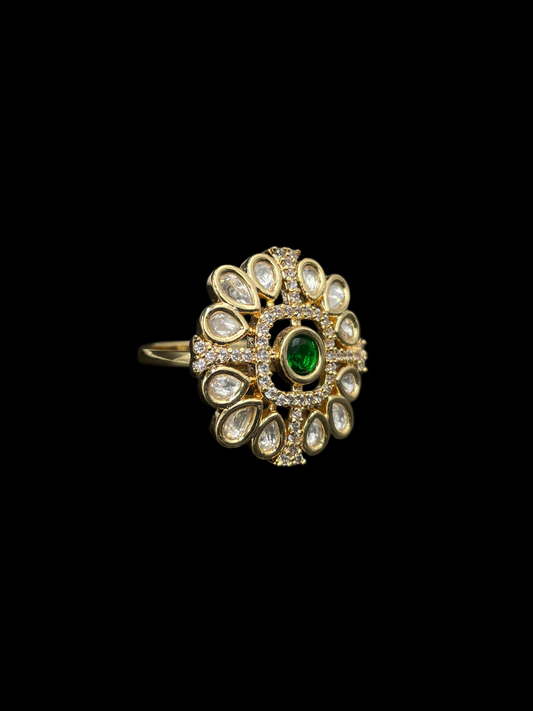 Kundan Polki Teardrop Bloom Cocktail Ring - Emerald Green | K Gold
