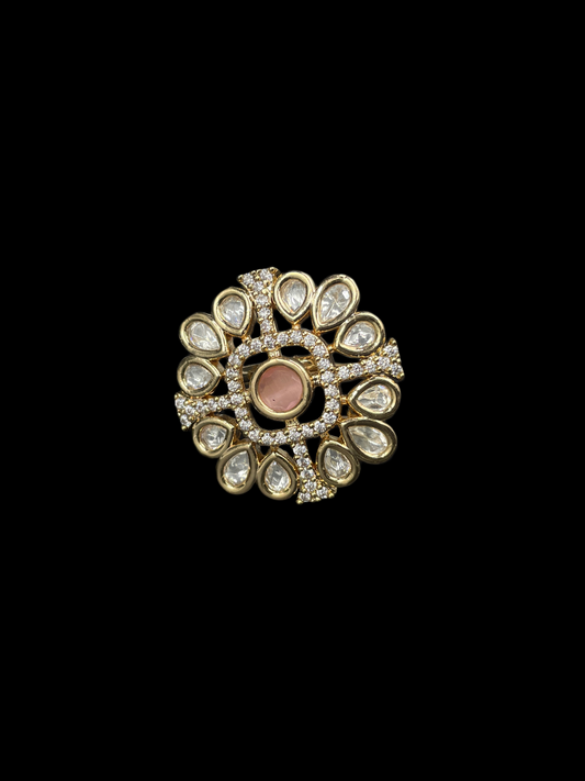 Kundan Polki Teardrop Bloom Cocktail Ring - Baby Pink | K Gold