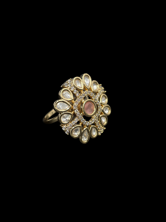 Kundan Polki Teardrop Bloom Cocktail Ring - Baby Pink | K Gold