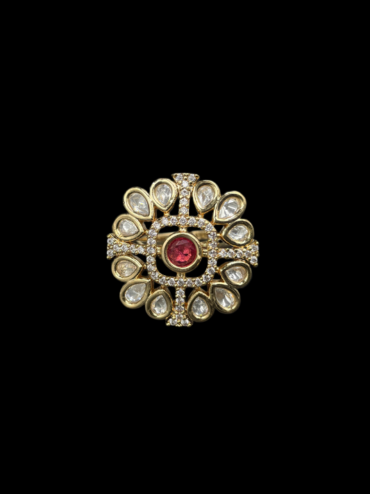 Kundan Polki Teardrop Bloom Cocktail Ring - Ruby Red | K Gold