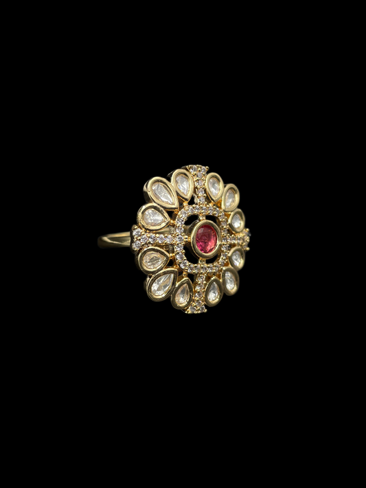 Kundan Polki Teardrop Bloom Cocktail Ring - Ruby Red | K Gold