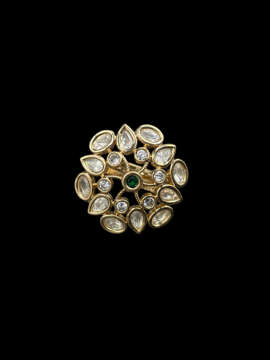 Kundan Polki Organic Cluster Cocktail Ring - Emerald Green | K Gold
