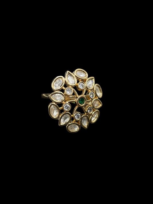 Kundan Polki Organic Cluster Cocktail Ring - Emerald Green | K Gold
