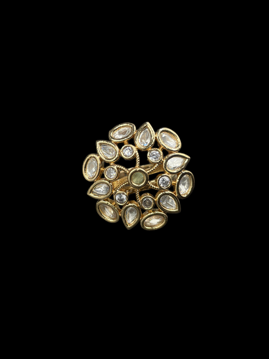 Kundan Polki Organic Cluster Cocktail Ring - Mint Green | K Gold