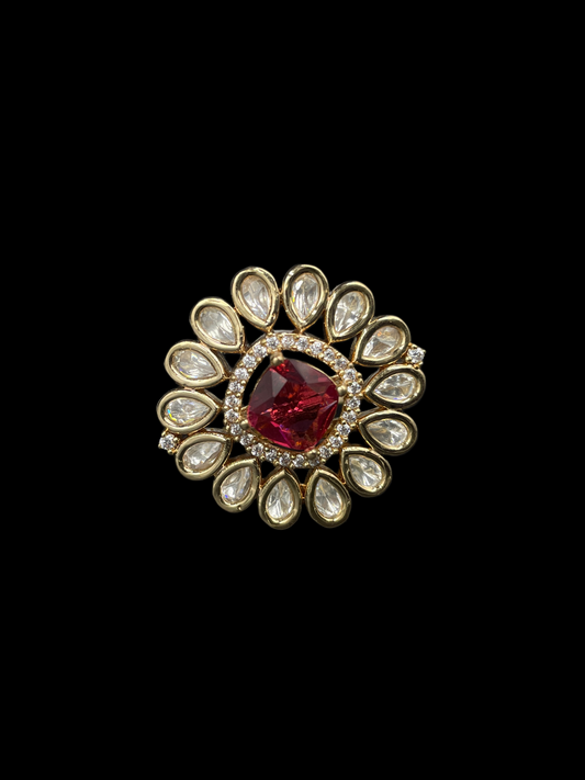 Kundan Foil Polki Teardrop Sunburst Cocktail Ring - Ruby Red | K Gold