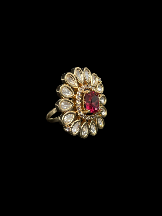 Kundan Foil Polki Teardrop Sunburst Cocktail Ring - Ruby Red | K Gold