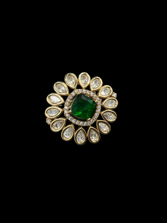 Kundan Foil Polki Teardrop Sunburst Cocktail Ring - Emerald Green | K Gold