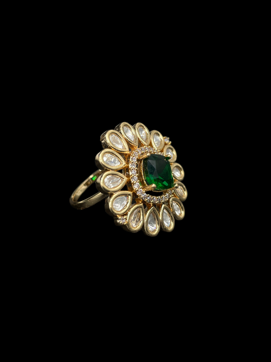 Kundan Foil Polki Teardrop Sunburst Cocktail Ring - Emerald Green | K Gold