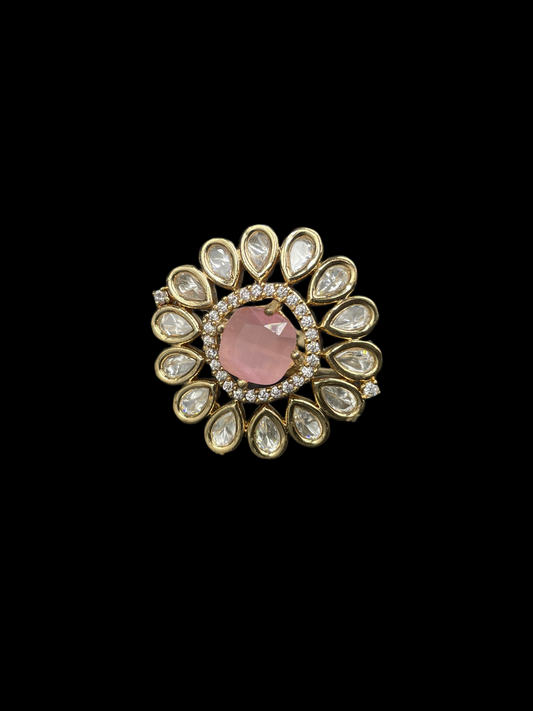 Kundan Foil Polki Teardrop Sunburst Cocktail Ring - Baby Pink | K Gold