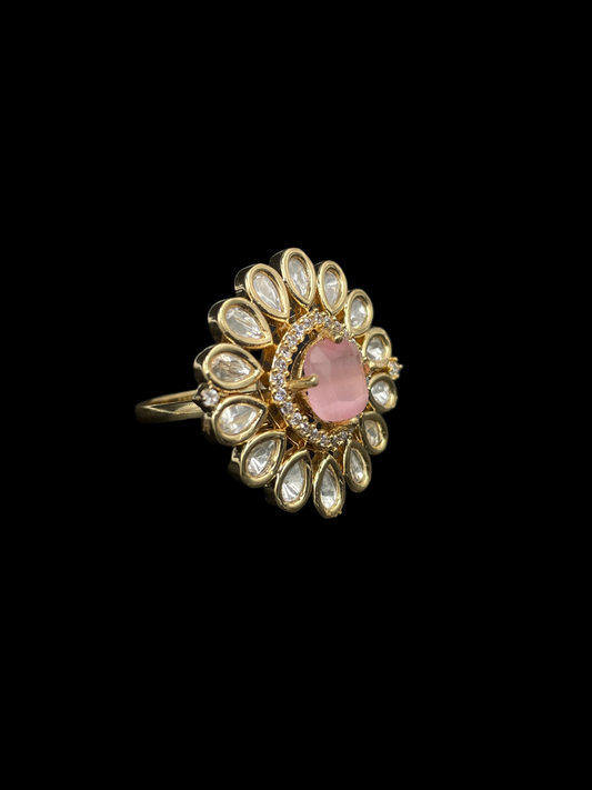 Kundan Foil Polki Teardrop Sunburst Cocktail Ring - Baby Pink | K Gold