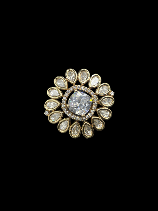 Kundan Foil Polki Teardrop Sunburst Cocktail Ring - White | K Gold