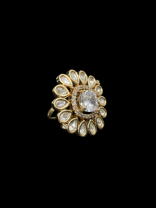 Kundan Foil Polki Teardrop Sunburst Cocktail Ring - White | K Gold