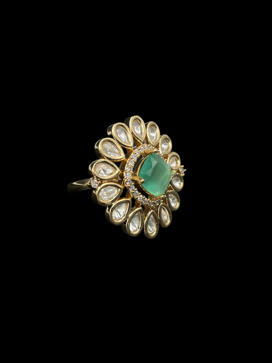 Kundan Foil Polki Teardrop Sunburst Cocktail Ring - Mint Green | K Gold