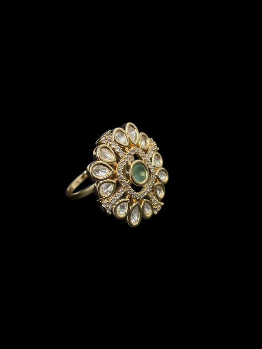 Kundan Polki Teardrop Bloom Cocktail Ring - Mint Green | K Gold
