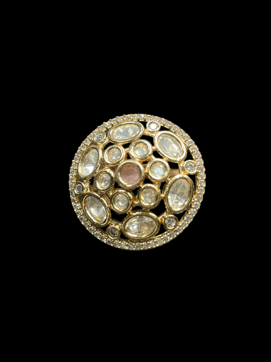 Kundan Polki Oval Dome Cluster Cocktail Ring - Baby Pink | K Gold - Front View