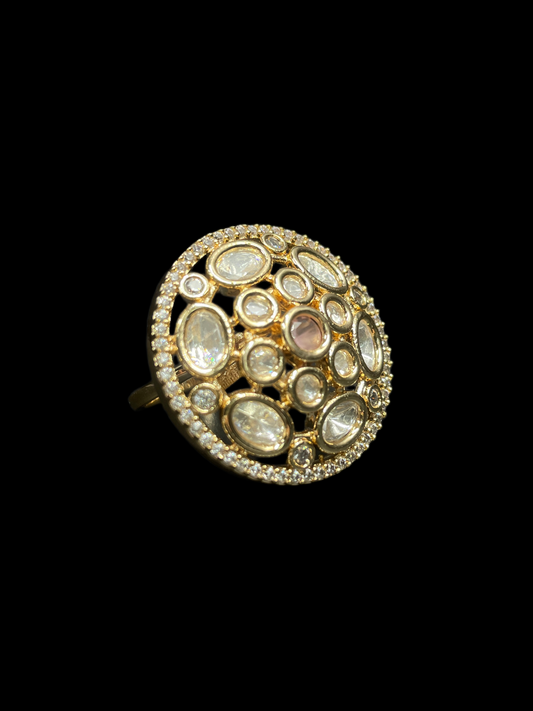 Kundan Polki Oval Dome Cluster Cocktail Ring - Baby Pink | K Gold - Side View