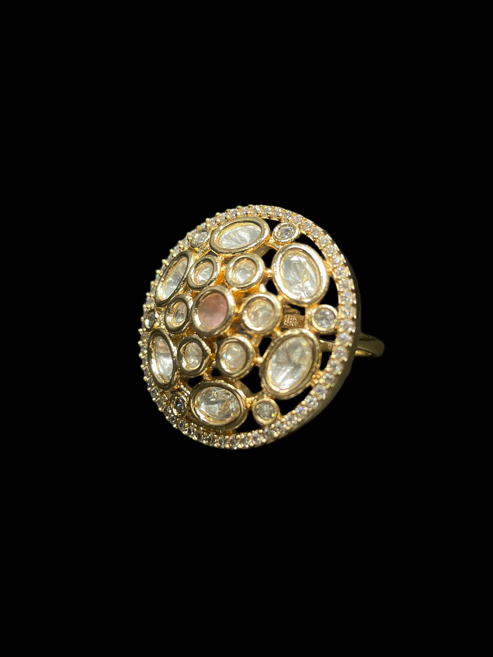 Kundan Polki Oval Dome Cluster Cocktail Ring - Baby Pink | K Gold - Angle View