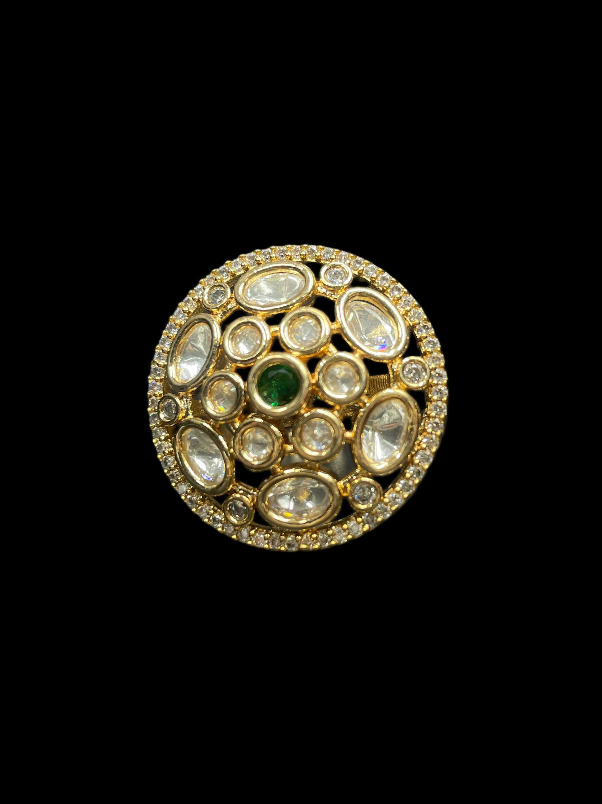 Kundan Polki Oval Dome Cluster Cocktail Ring - Emerald Green | K Gold - Front View