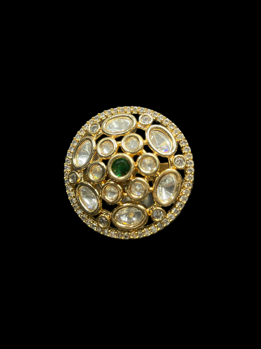 Kundan Polki Oval Dome Cluster Cocktail Ring - Emerald Green | K Gold - Front View