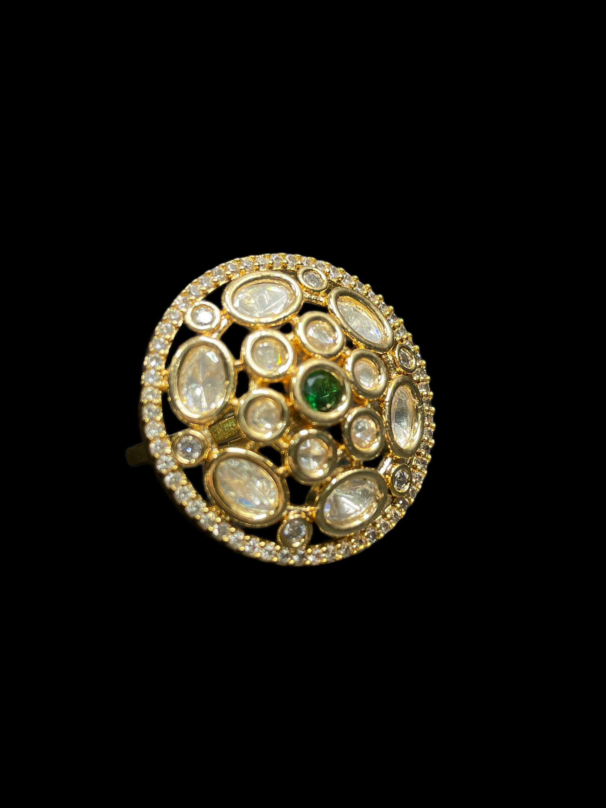 Kundan Polki Oval Dome Cluster Cocktail Ring - Emerald Green | K Gold - Side View