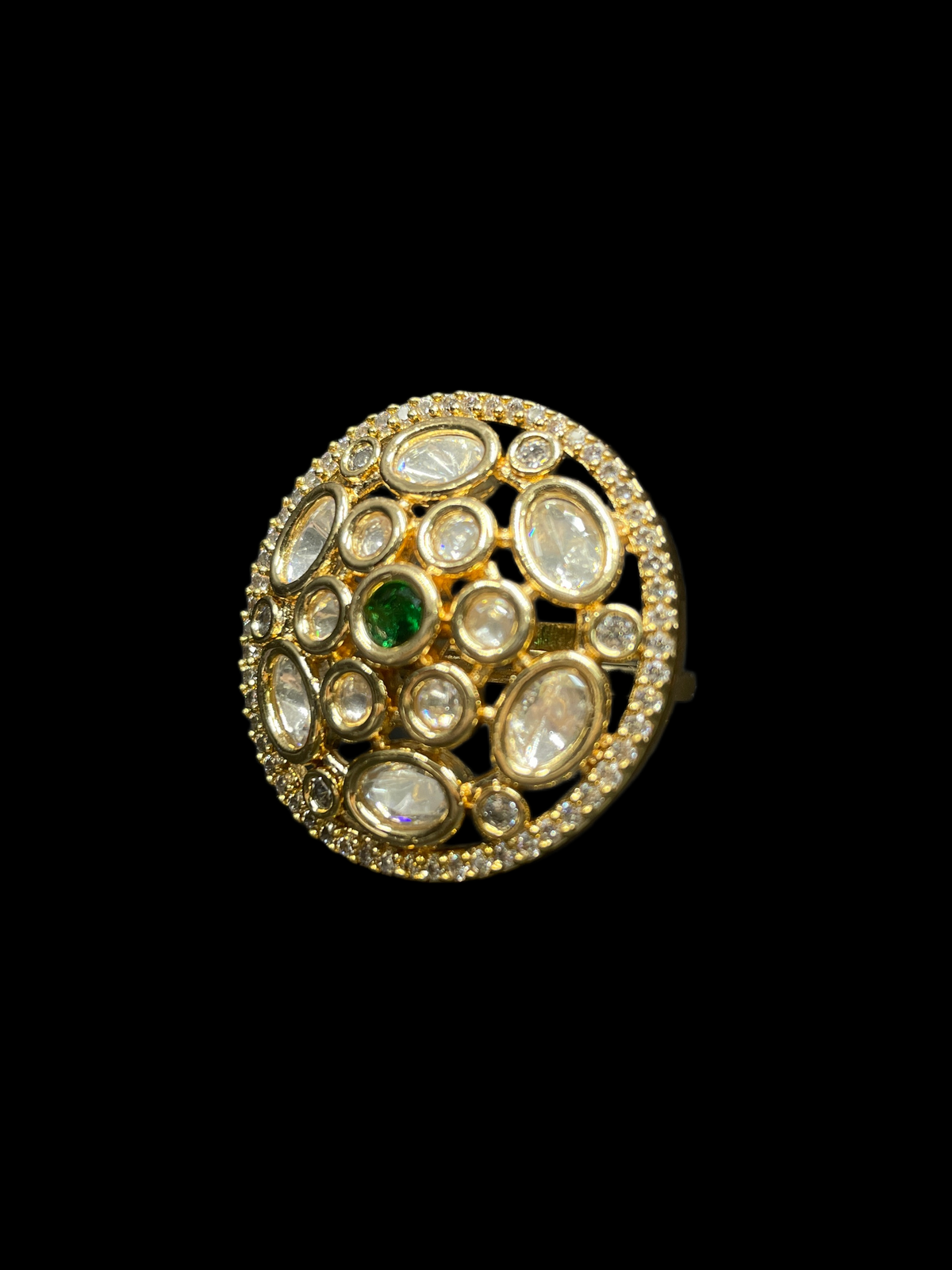 Kundan Polki Oval Dome Cluster Cocktail Ring - Emerald Green | K Gold - Angle View