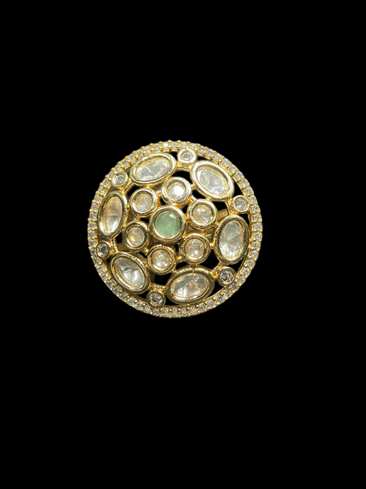 Kundan Polki Oval Dome Cluster Cocktail Ring - Mint Green | K Gold - Front View