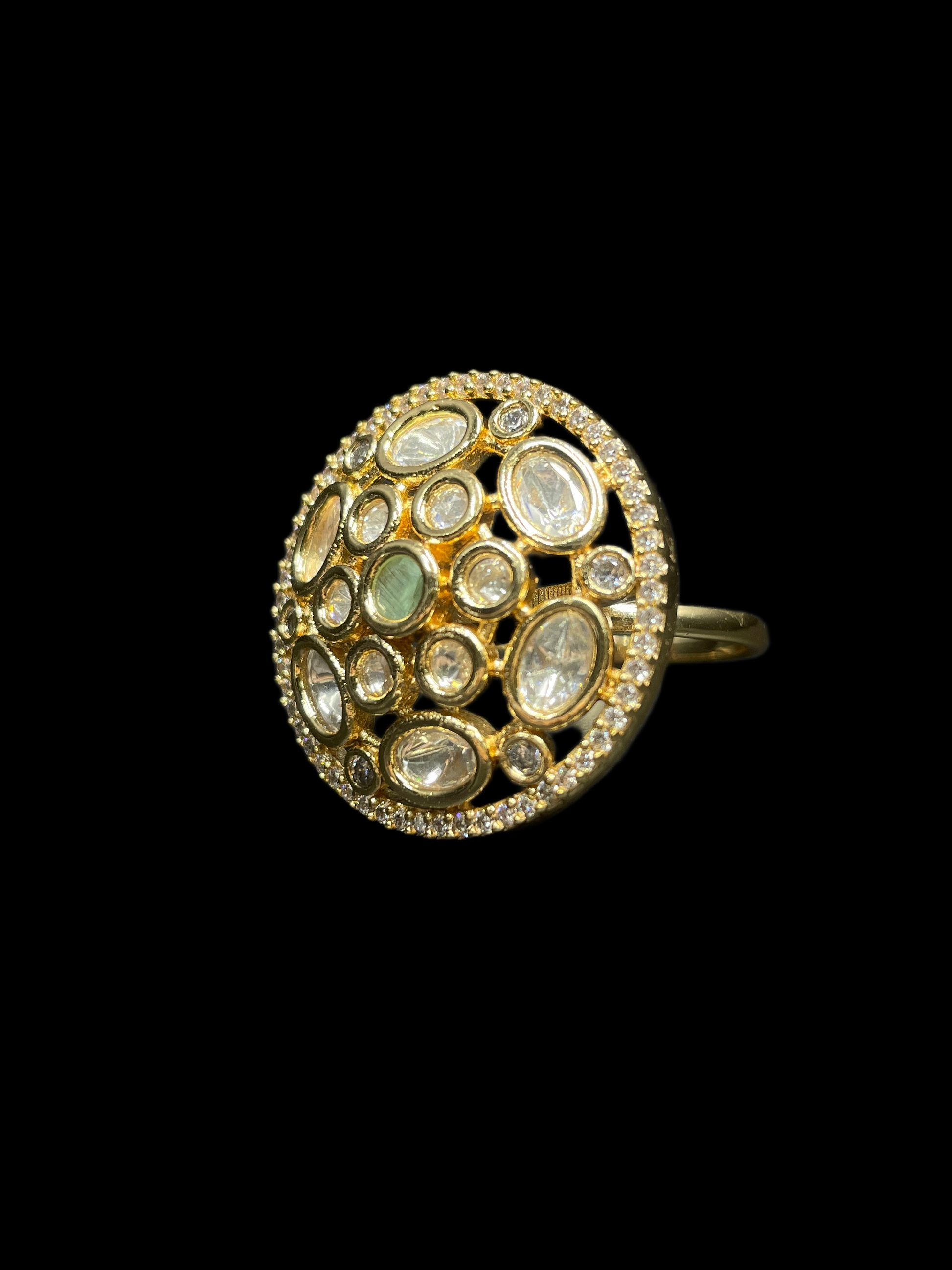 Kundan Polki Oval Dome Cluster Cocktail Ring - Mint Green | K Gold - Side View