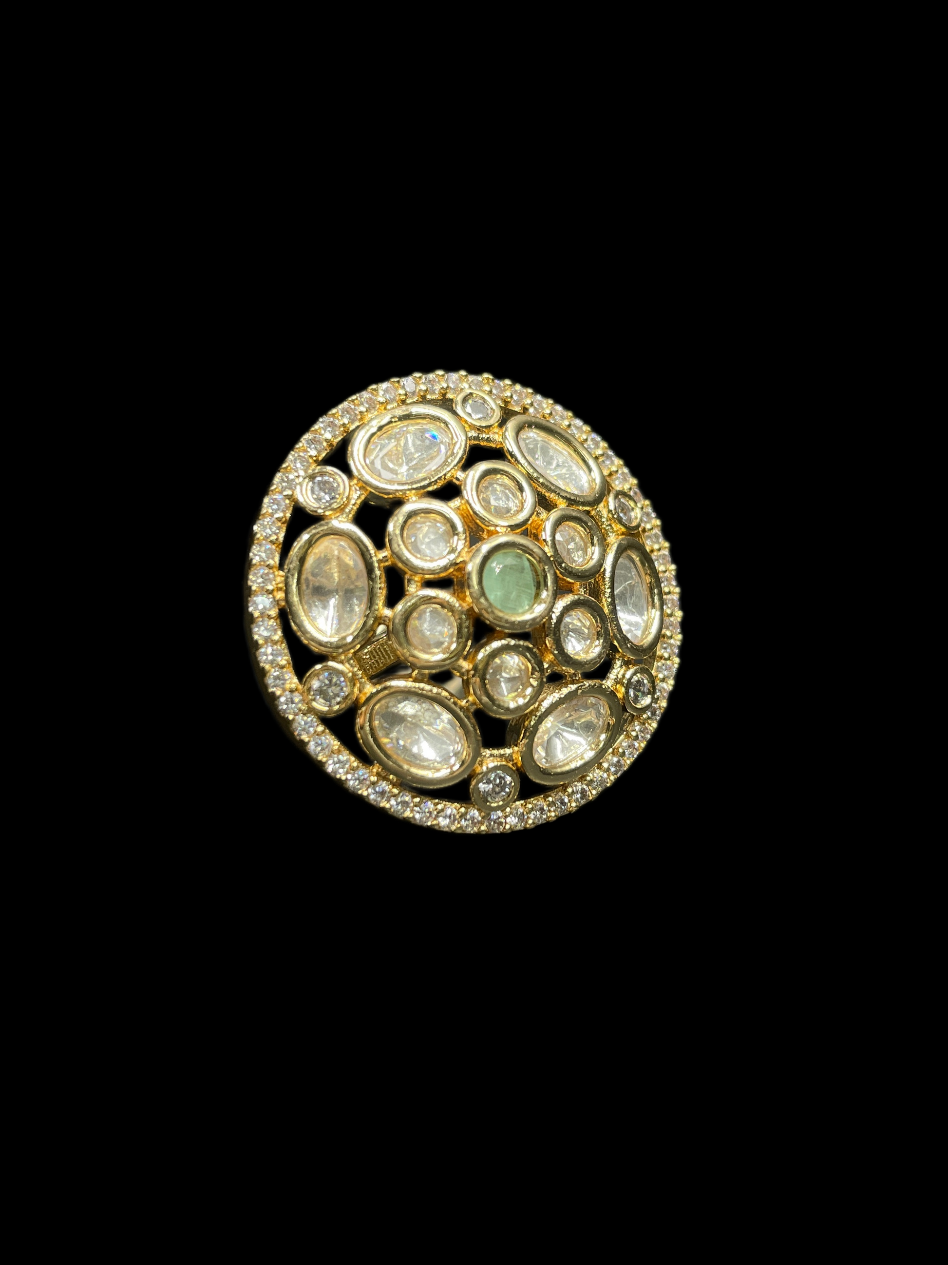 Kundan Polki Oval Dome Cluster Cocktail Ring - Mint Green | K Gold - Angle View