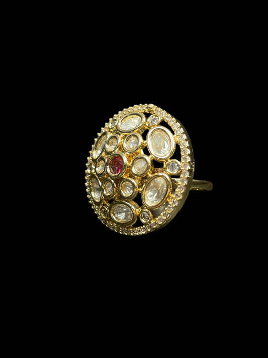 Kundan Polki Oval Dome Cluster Cocktail Ring - Ruby Red | K Gold - Side View
