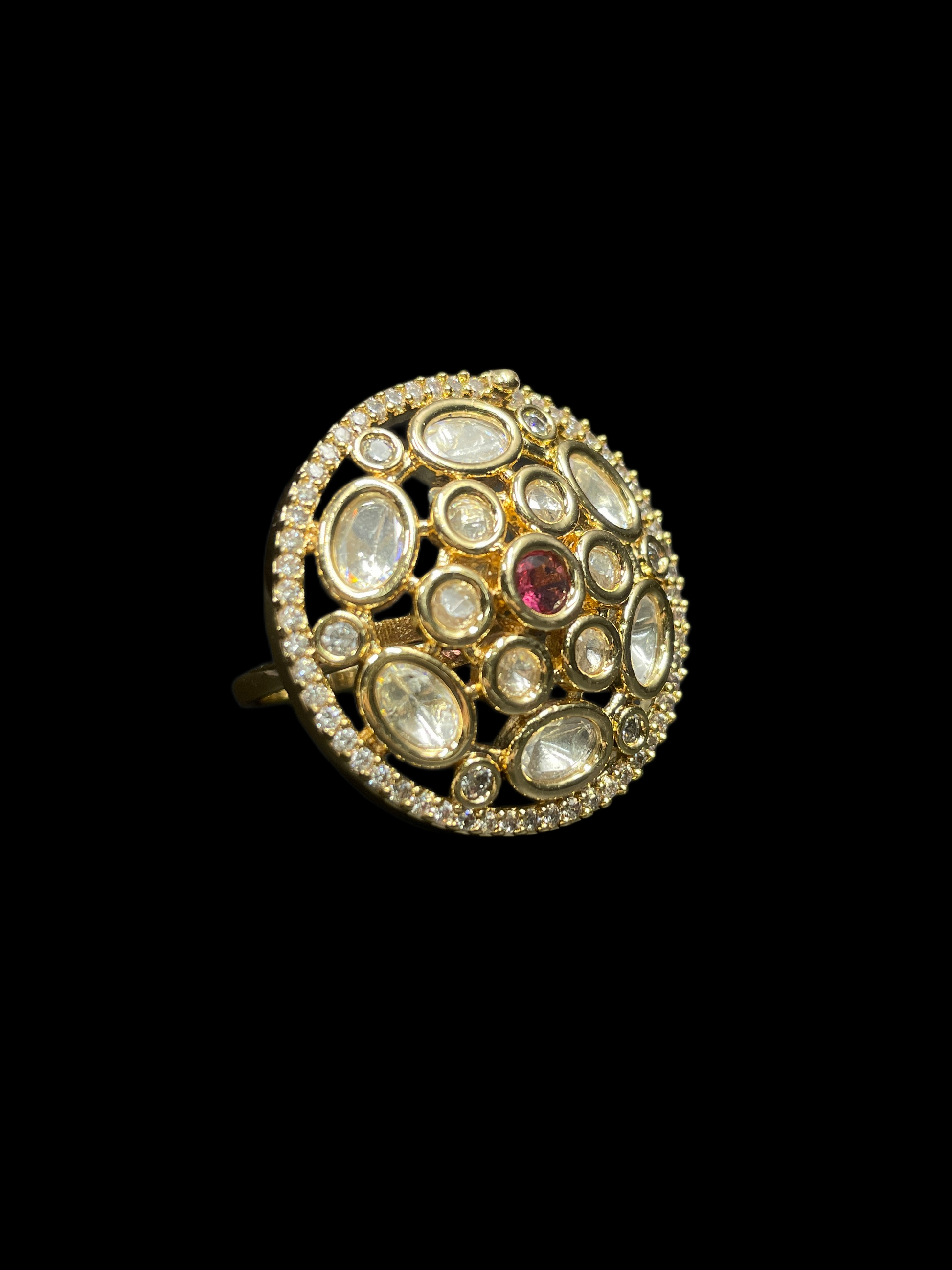 Kundan Polki Oval Dome Cluster Cocktail Ring - Ruby Red | K Gold - Angle View