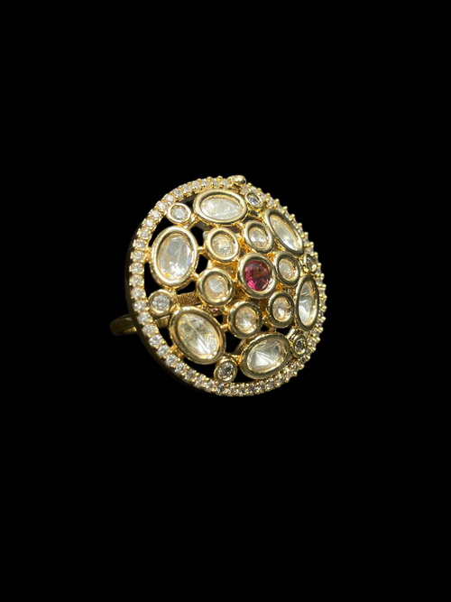 Kundan Polki Oval Dome Cluster Cocktail Ring - Ruby Red | K Gold - Angle View