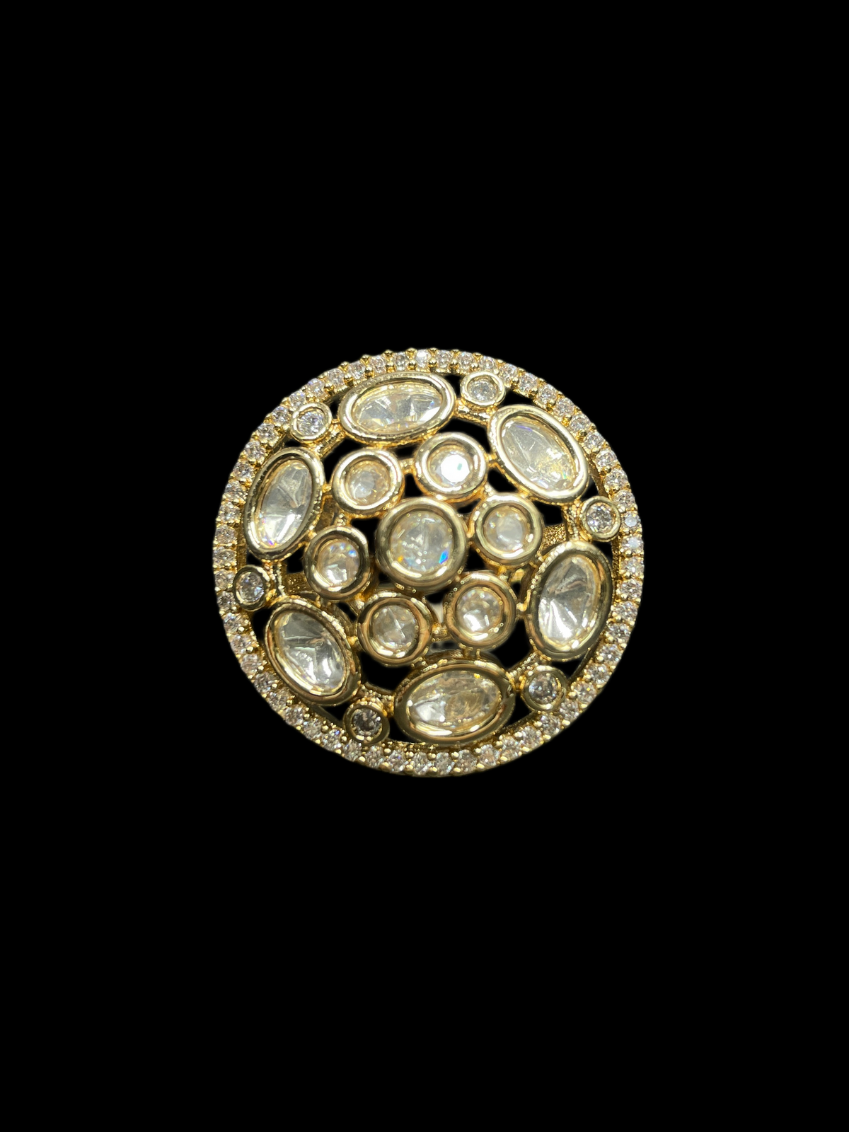 Kundan Polki Oval Dome Cluster Cocktail Ring - White | K Gold - Front View