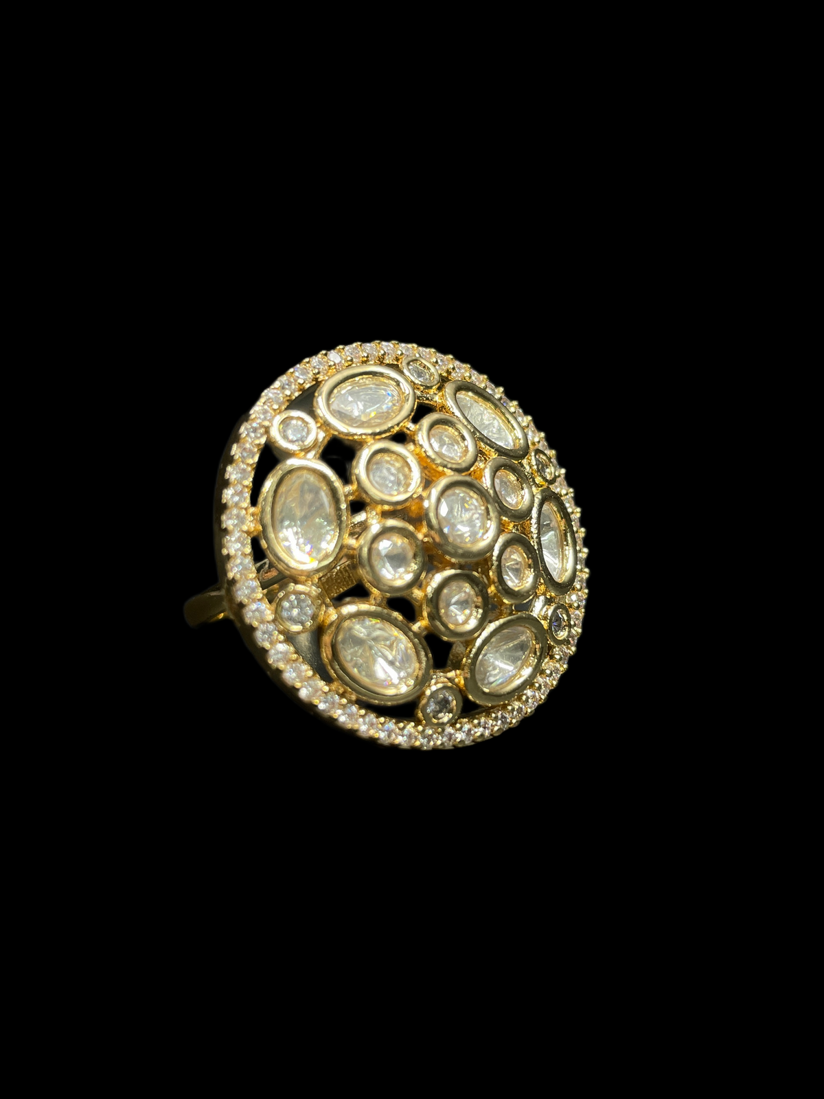 Kundan Polki Oval Dome Cluster Cocktail Ring - White | K Gold - Side View