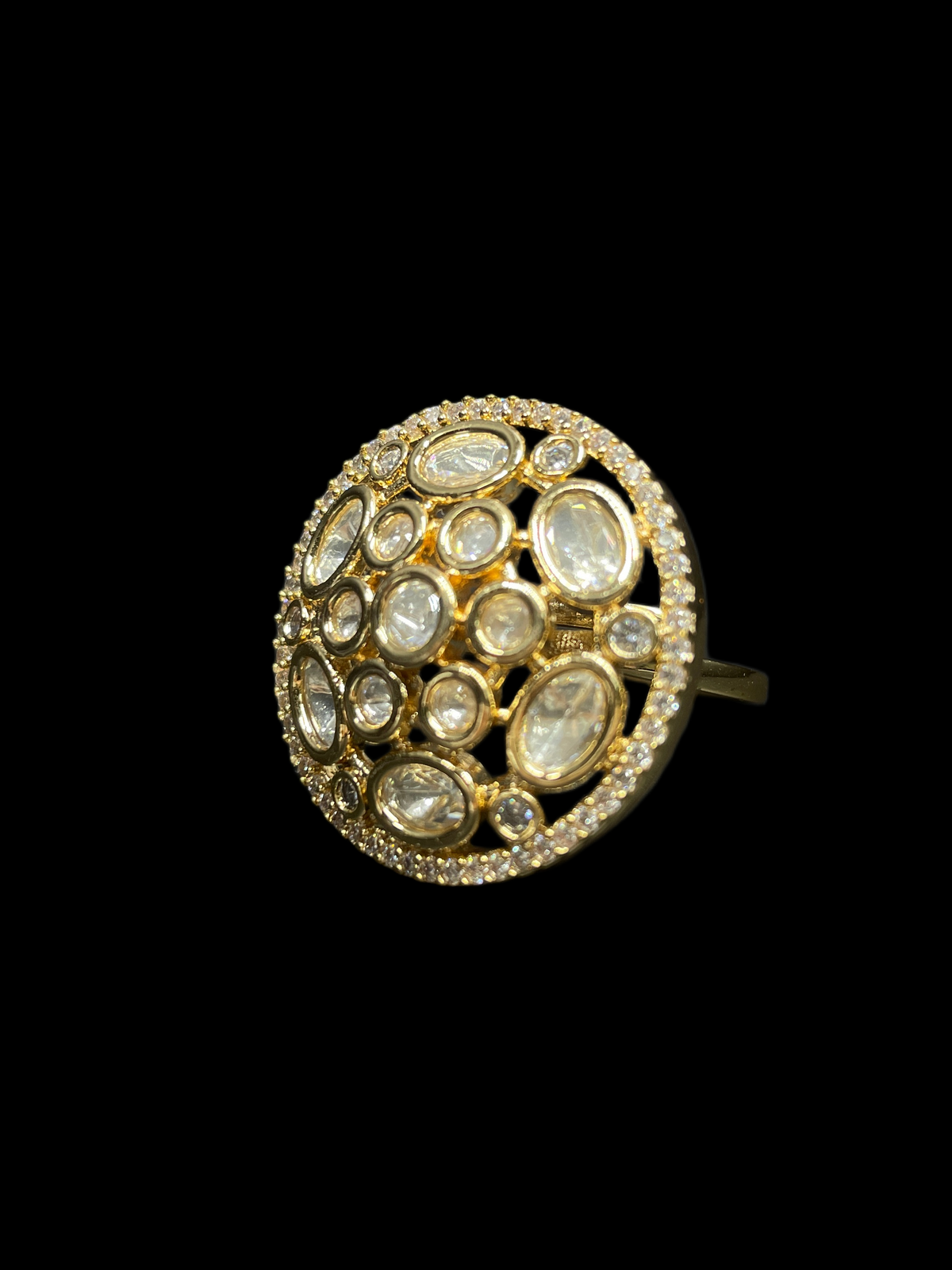 Kundan Polki Oval Dome Cluster Cocktail Ring - White | K Gold - Angle View