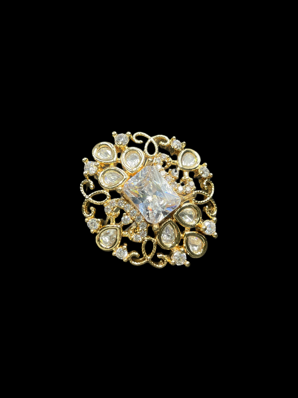 Kundan Polki Teardrop Filigree Scroll Cocktail Ring - White | K Gold - Front View