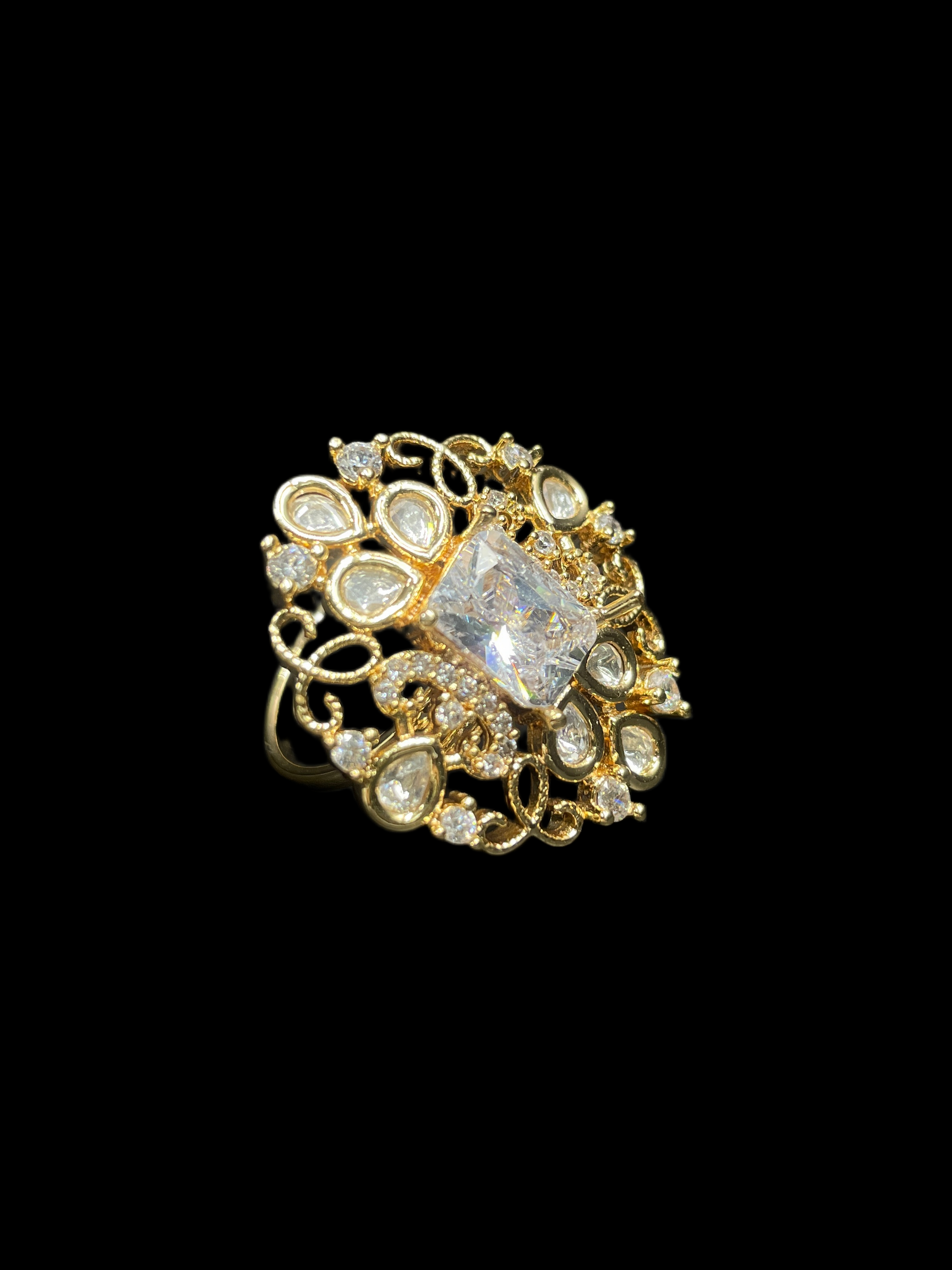 Kundan Polki Teardrop Filigree Scroll Cocktail Ring - White | K Gold - Side View
