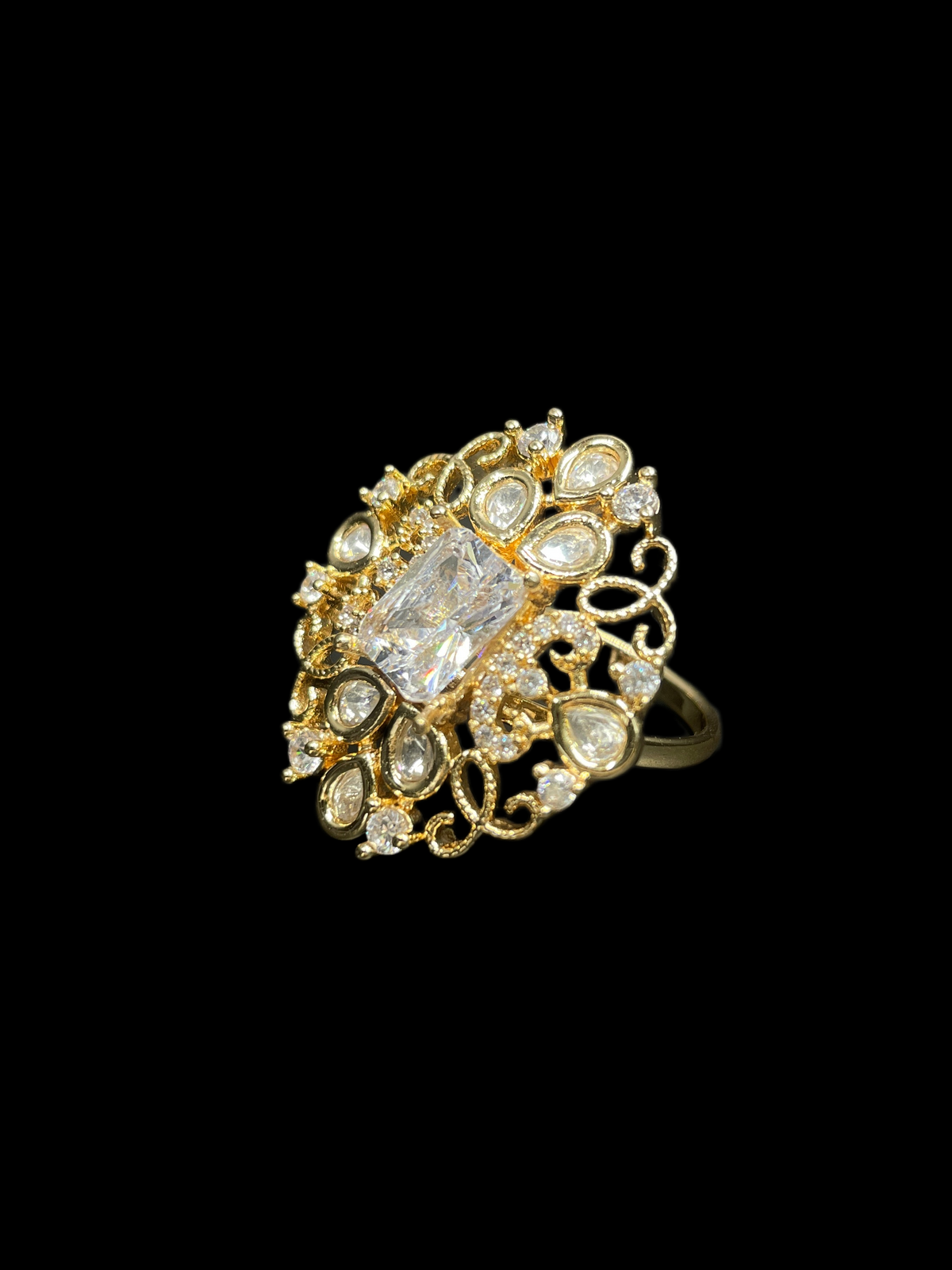 Kundan Polki Teardrop Filigree Scroll Cocktail Ring - White | K Gold - Angle View