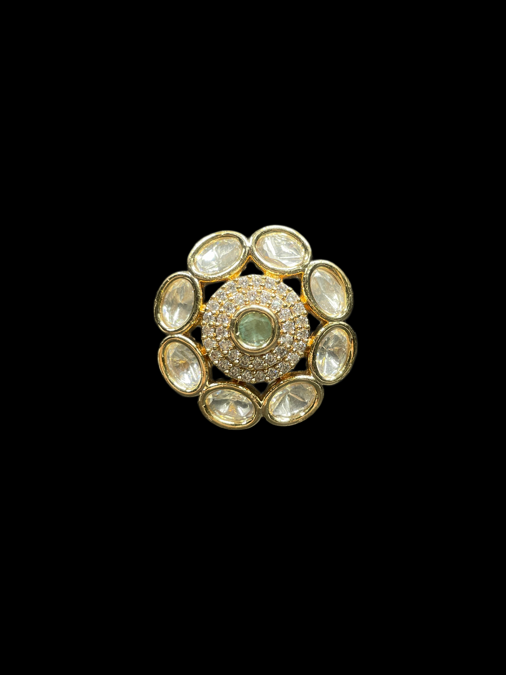 Kundan Polki Oval Orbit Bloom Cocktail Ring - Mint Green | K Gold - top view